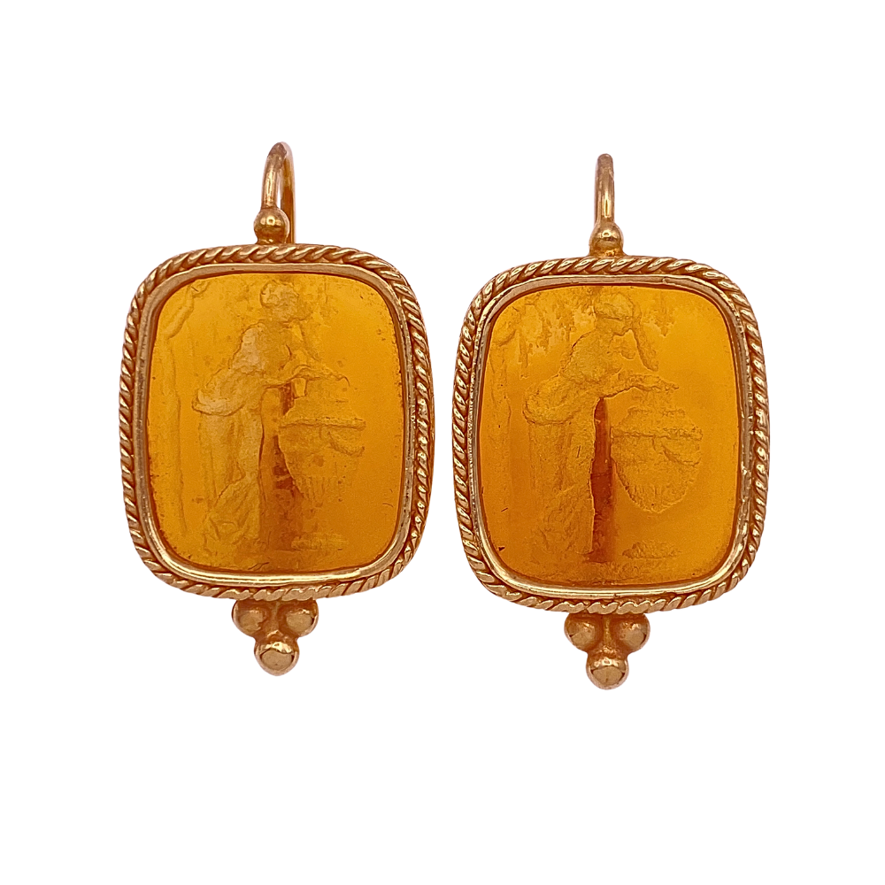 Vintage Etruscan Revival Earrings 14K Gold Venetian Glass Intaglio, Lever Back