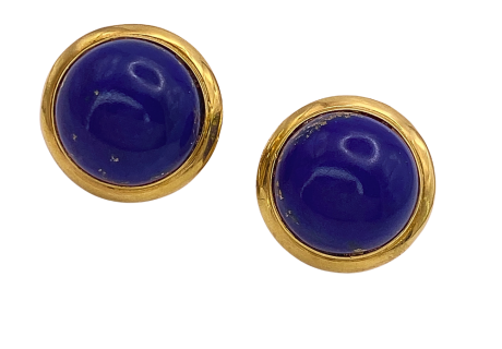 Lapis Lazuli Button Stud Earrings 14K Omega Back