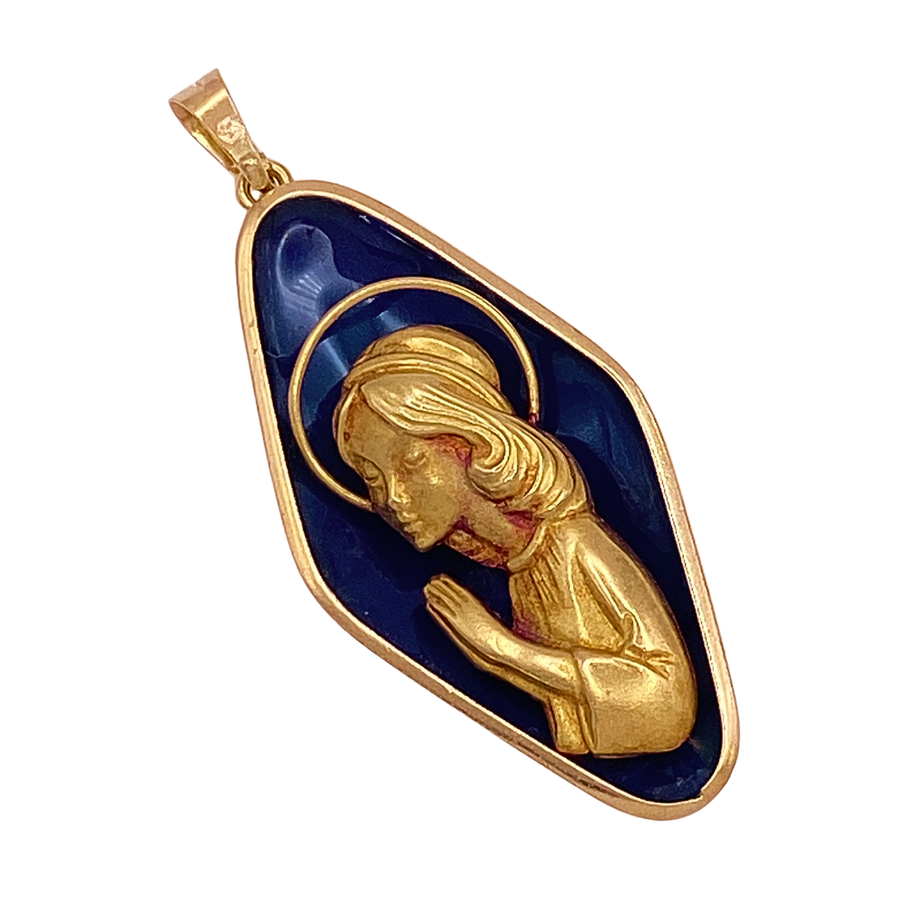 Vintage Holy Mother Mary or Madonna Pendant 18K Gold Cobalt Enamel