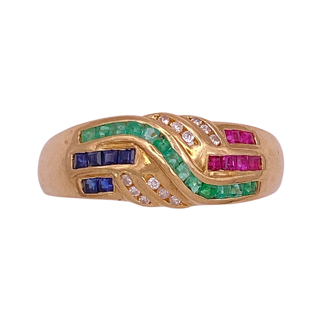 Multi Gem Band Ring 14K Gold Emerald, Diamond, Ruby, Sapphire .87 Carat TGW