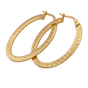 Oval Greek Key Hoops 14K Gold