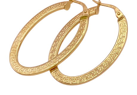 Oval Greek Key Hoops 14K Gold
