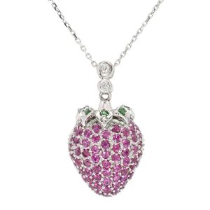 Pave Pink Sapphire and Tsavorite Garnet Strawberry Necklace in 14K White Gold
