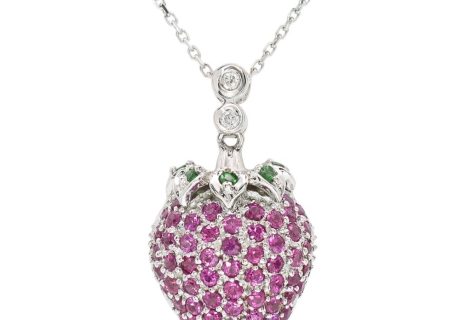 Pave Pink Sapphire and Tsavorite Garnet Strawberry Necklace in 14K White Gold