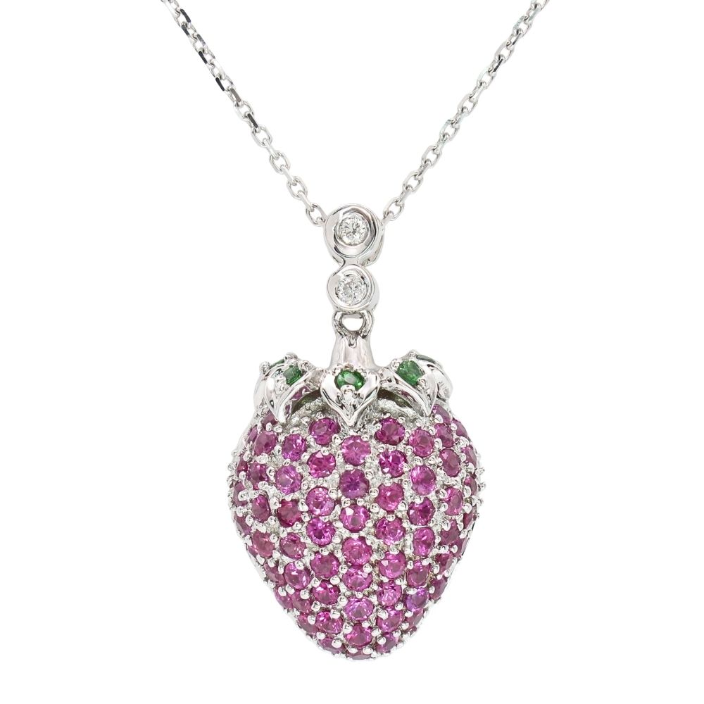 Pave Pink Sapphire & Tsavorite Garnet Strawberry Necklace 14K