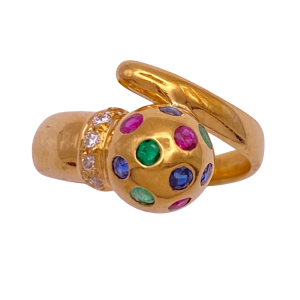 Petite Bombé Bypass Ring 18K Gold, Sapphire, Ruby, Emerald, Diamond