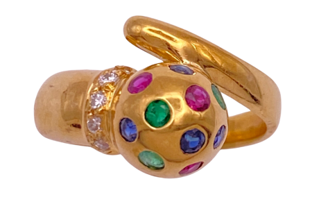 Petite Bombé Bypass Ring 18K Gold, Sapphire, Ruby, Emerald, Diamond