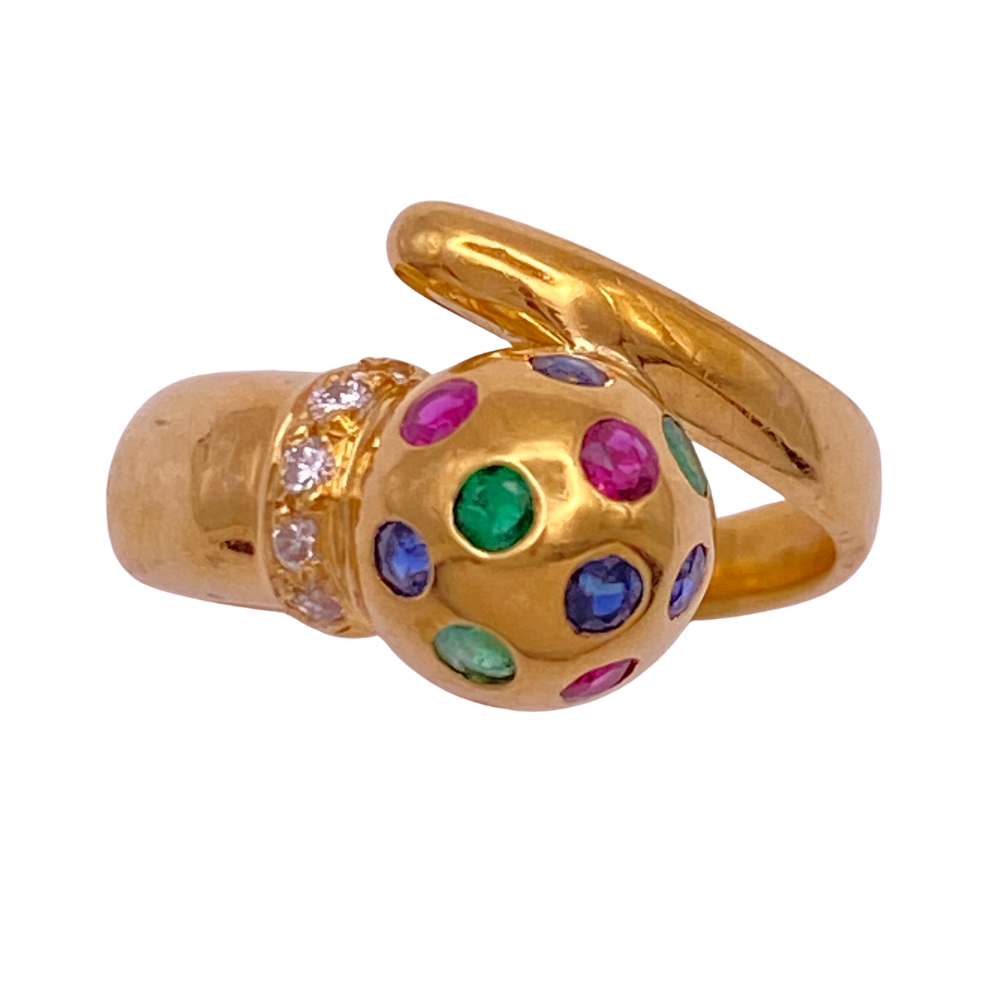 Petite Bombé Bypass Ring 18K Gold, Sapphire, Ruby, Emerald, Diamond .57 Carat TGW