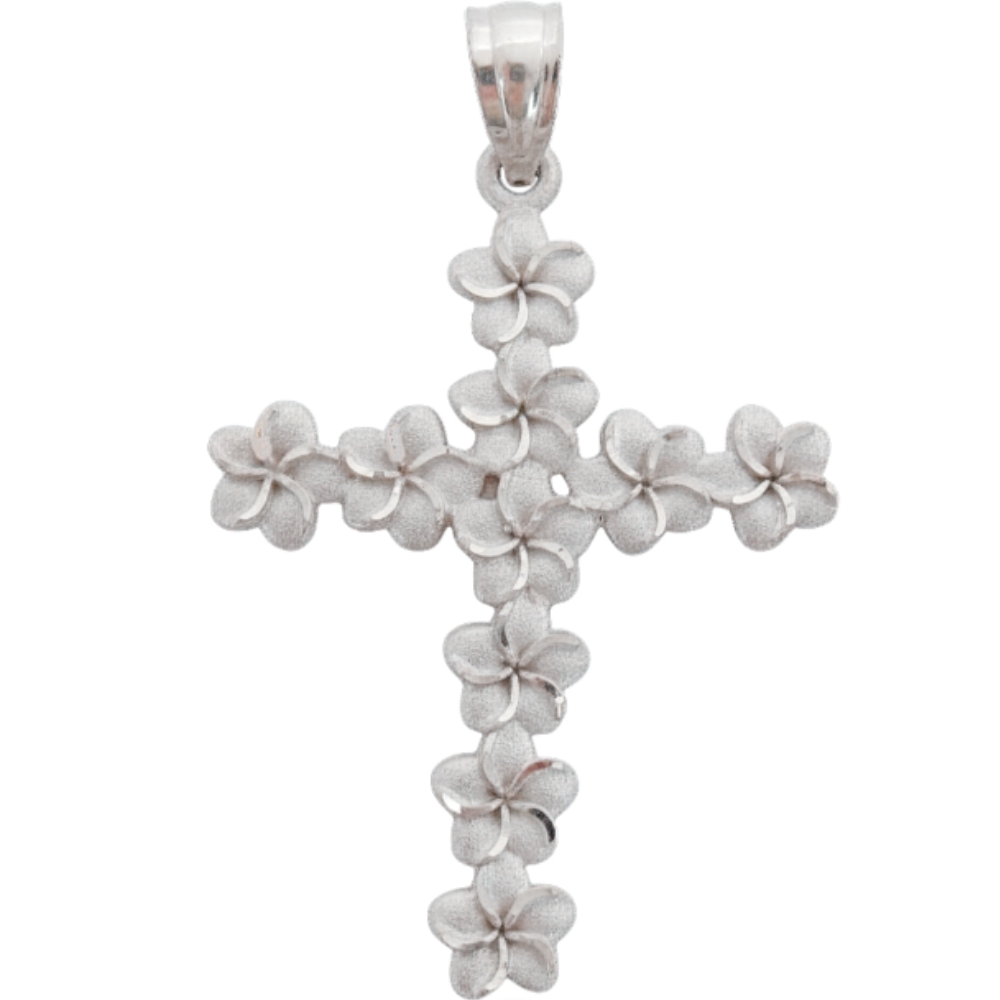 14K White Gold Plumeria Flower Cross Pendant Or Charm