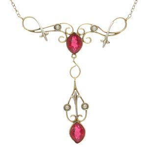 Ruby & Pearl Victorian Lavalier Necklace in 10K Yellow Gold