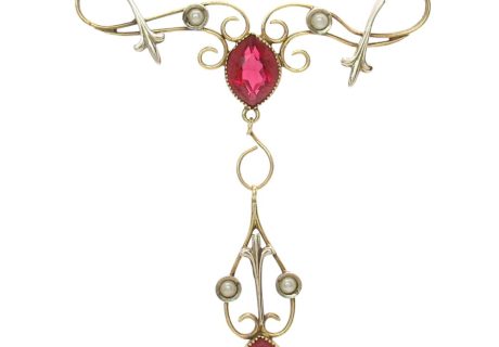 Ruby & Pearl Victorian Lavalier Necklace in 10K Yellow Gold