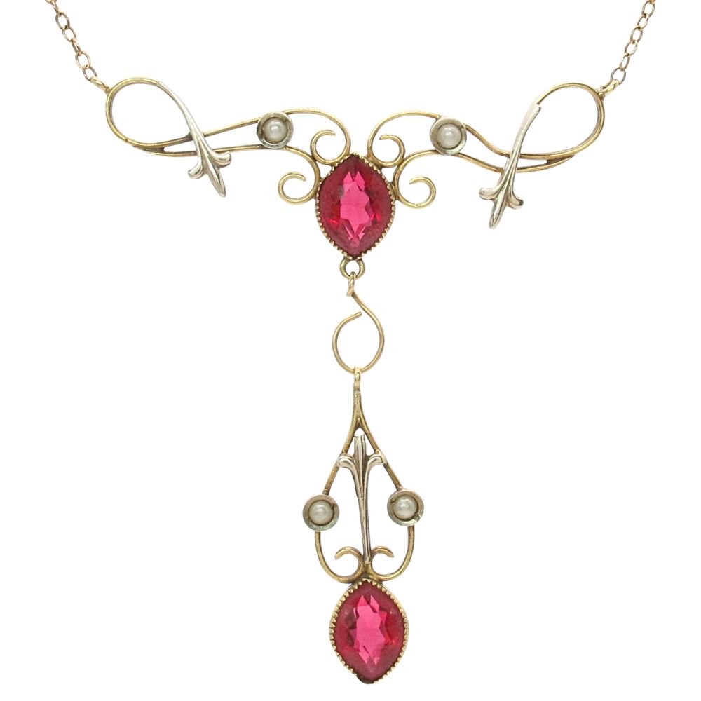 Ruby & Pearl Victorian Lavalier Necklace 10K