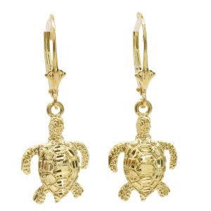 Sea Turtle Drop Hoop Dangle Earrings 14K Yellow Gold