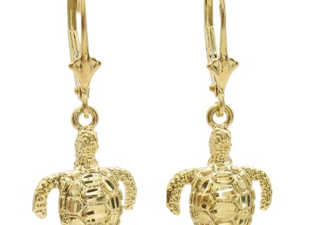 Sea Turtle Drop Hoop Dangle Earrings 14K Yellow Gold