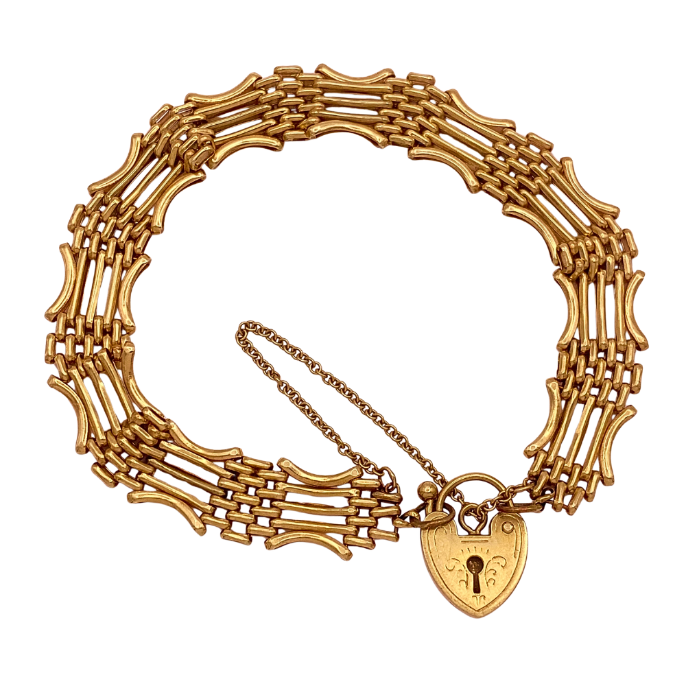 Victorian Gate Link Bracelet With Heart Lock 14K Yellow Gold