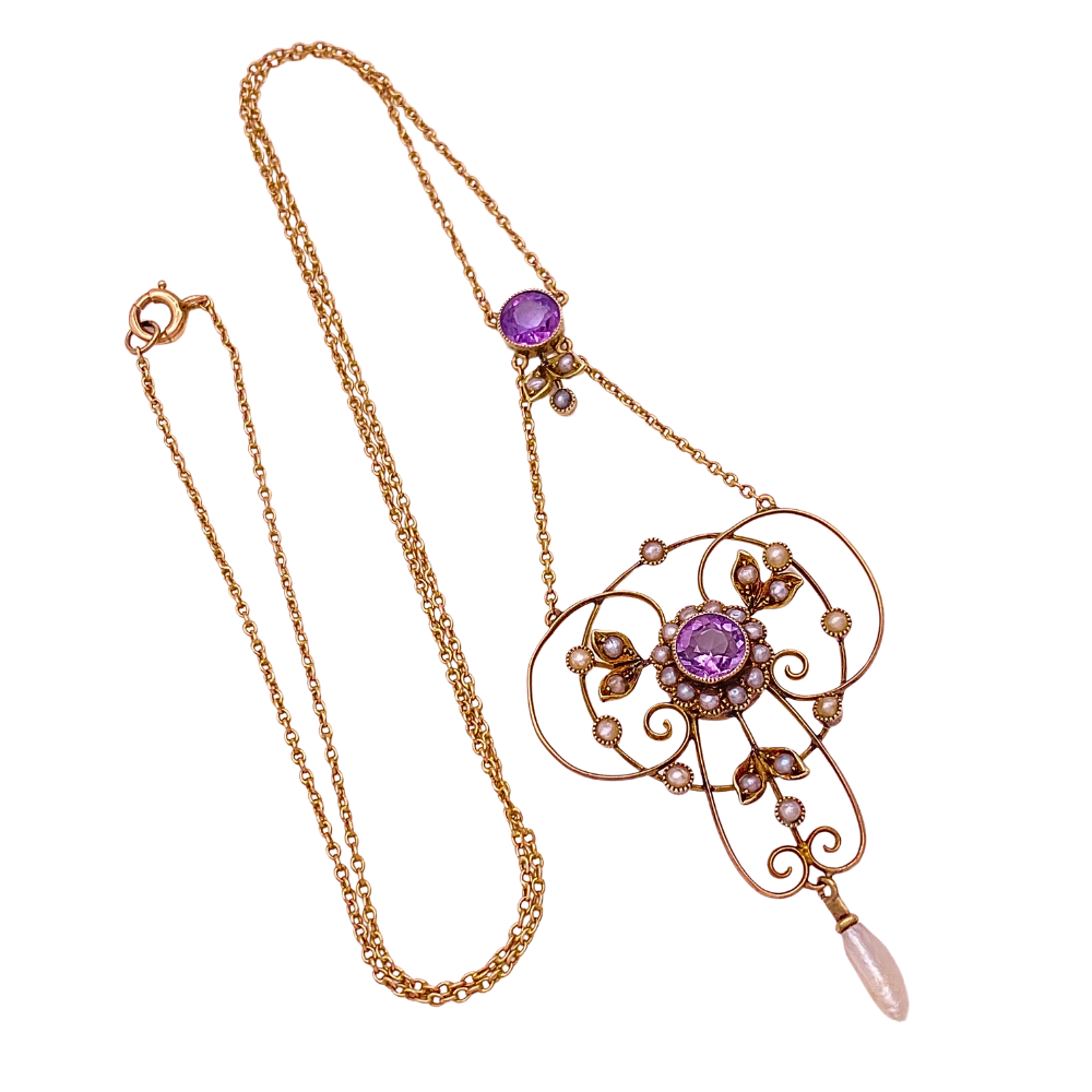 Victorian Lavaliere Necklace 9K Gold, Amethyst, Seed Pearl, Freshwater Pearl