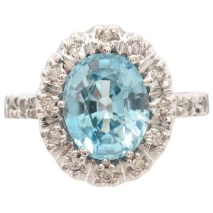 Vintage 4.78ctw Blue Zircon Halo Ring 18K White Gold front