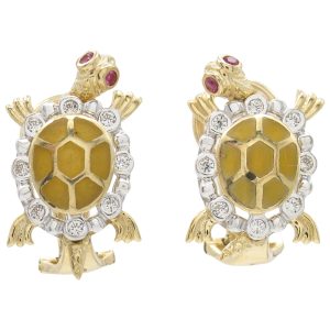 Vintage Articulated Enamel Turtle Omega Earrings 14K Gold front