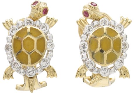 Vintage Articulated Enamel Turtle Omega Earrings 14K Gold front