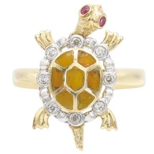 Vintage Articulated Enamel Turtle Ring 14K Gold front