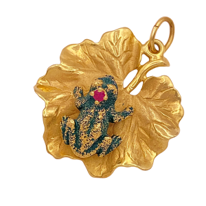 Vintage Prince Charming Frog Charm Pendant 14K Gold Ruby Enamel Lily Pad