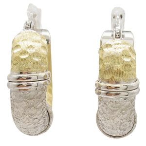 White and Yellow 18K Gold Etched Chunky Hoop Earrings Front View