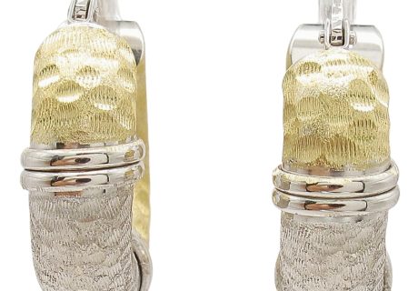 White and Yellow 18K Gold Etched Chunky Hoop Earrings Front View