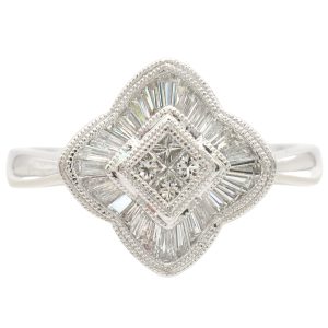 0.76ctw Tapered Baguette Diamond Quatrefoil Ring Platinum front