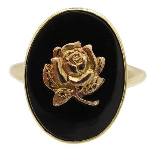 10K Gold Black Onyx Set With Gold Rose Center Ring Front View