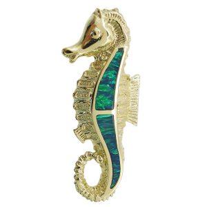 14K Yellow Gold Blue Opal Seahorse Pendant / Charm Front View