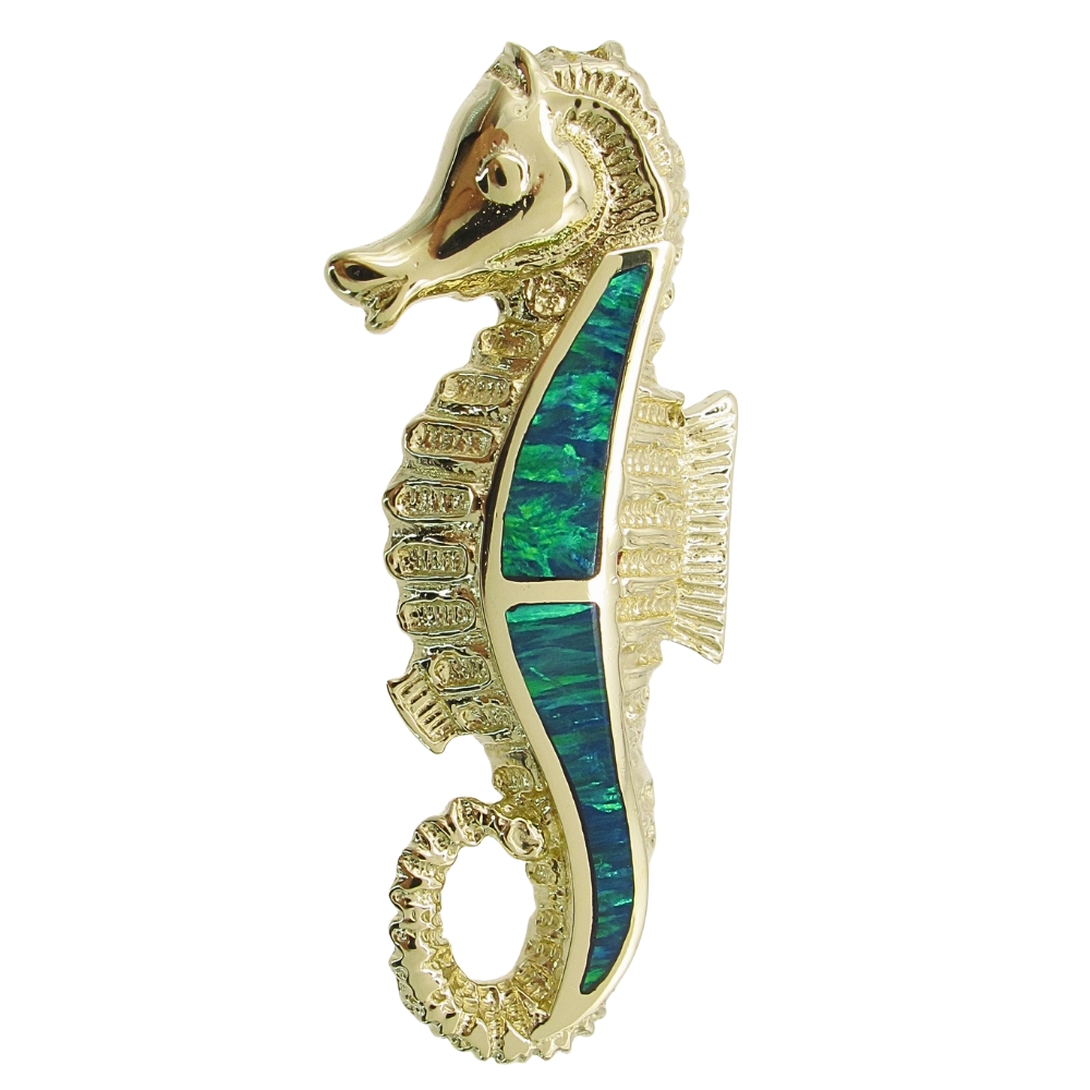 14K Yellow Gold Blue Opal Seahorse Pendant Charm