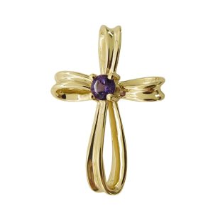 14K Gold Twisted Flowing Cross With Amethyst Center Stone Front View