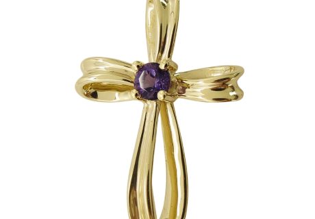 14K Gold Twisted Flowing Cross With Amethyst Center Stone Front View