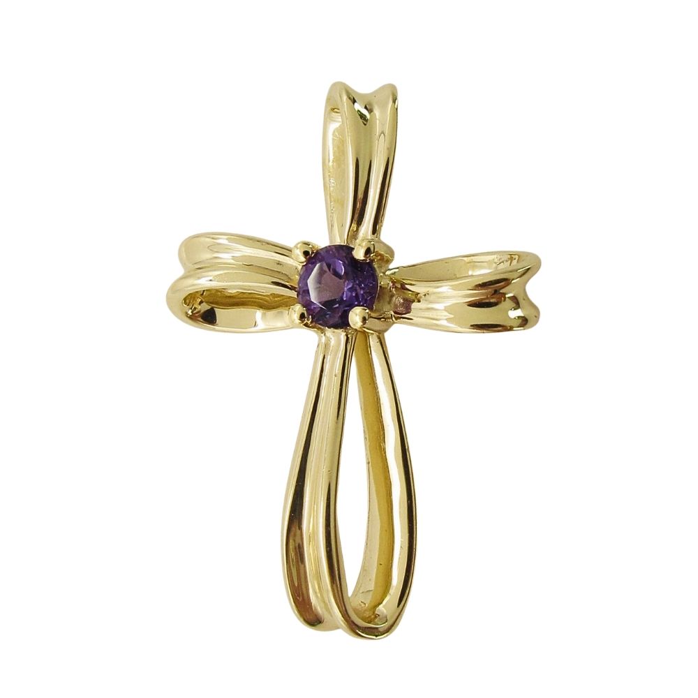 14K Gold Amethyst Center Cross Pendant