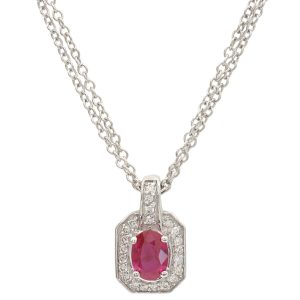 1.15ctw Ruby Necklace with Diamond Halo in 14K White Gold front