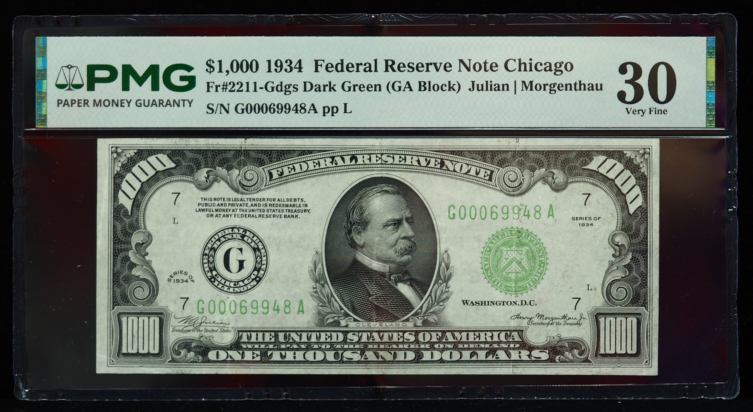 $1000 1934 Federal Reserve Note, Chicago FR#2211-Gdgs Dark Green PMG 30