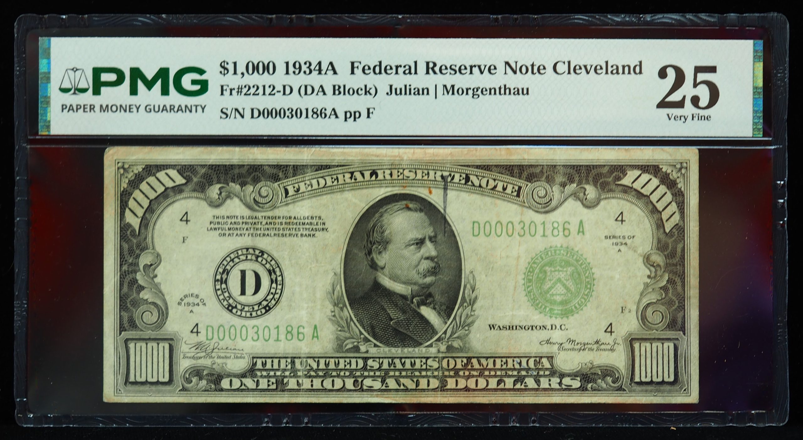 $1000 1934A Federal Reserve Note, Cleveland FR#2212-D PMG 25