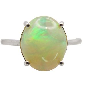 10K White Gold Yellow Flashy Oval Opal In 4-Prong Basket Front View
