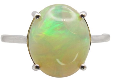 10K White Gold Yellow Flashy Oval Opal In 4-Prong Basket Front View