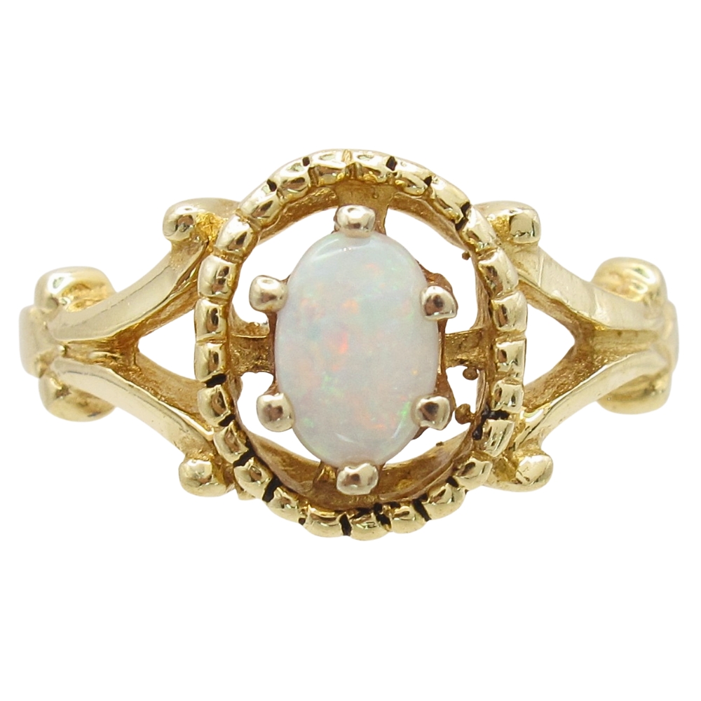 10K Gold Oval Flashy Opal Center With Surrounding Gold Design Ring