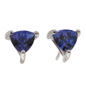 14K White Gold Tanzanite Trillion Cut Stud Earrings Front View