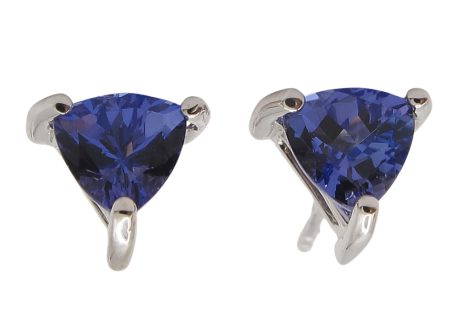 14K White Gold Tanzanite Trillion Cut Stud Earrings Front View