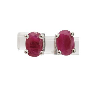 18K White Gold Oval Ruby Screw Back Stud Earrings Front View