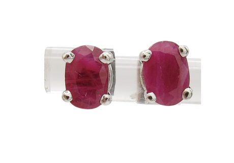18K White Gold Oval Ruby Screw Back Stud Earrings Front View
