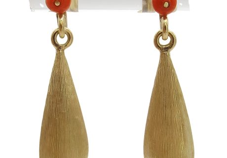 14K Yellow Gold Drop Earrings Featuring Coral Bead Studs Front View