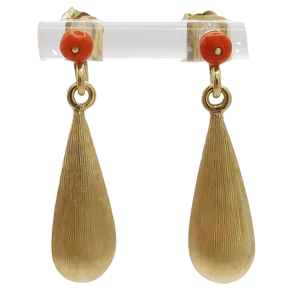 14K Gold Textured Teardrop Coral Bead Dangle Earrings