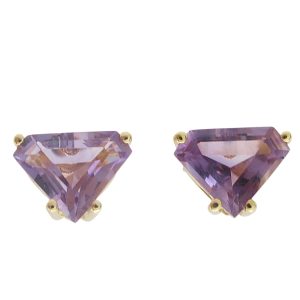 14K Yellow Gold Fancy Cut Amethyst Stud Earrings Set In 4-prong Basket Front View