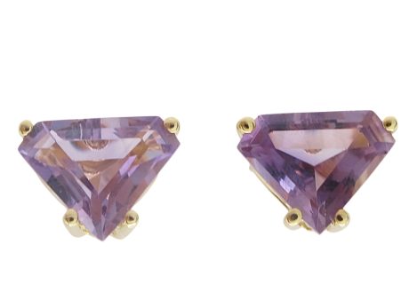 14K Yellow Gold Fancy Cut Amethyst Stud Earrings Set In 4-prong Basket Front View