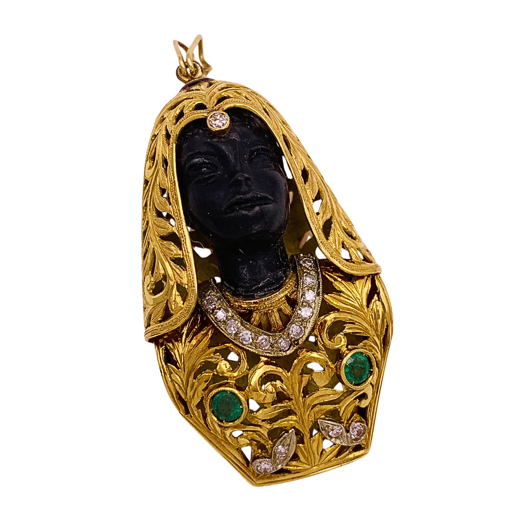 Moorish Egyptian Princess Pendant 18K Gold Diamond & Emerald, Nardi Style Blackamoor