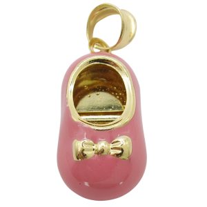 18K Gold Pink Enamel Baby Shoe Charm Pendant Front View